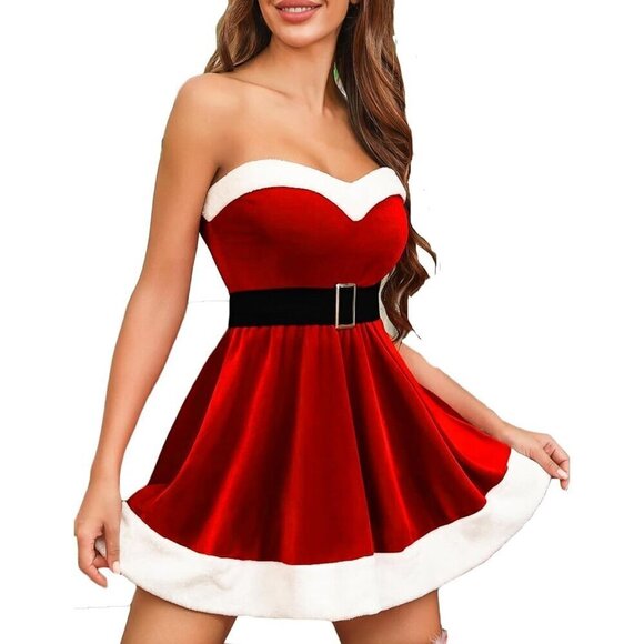 Women Red Santa Dress Christmas Outfit Christmas Lingerie Strapless Baby doll - Picture 1 of 5